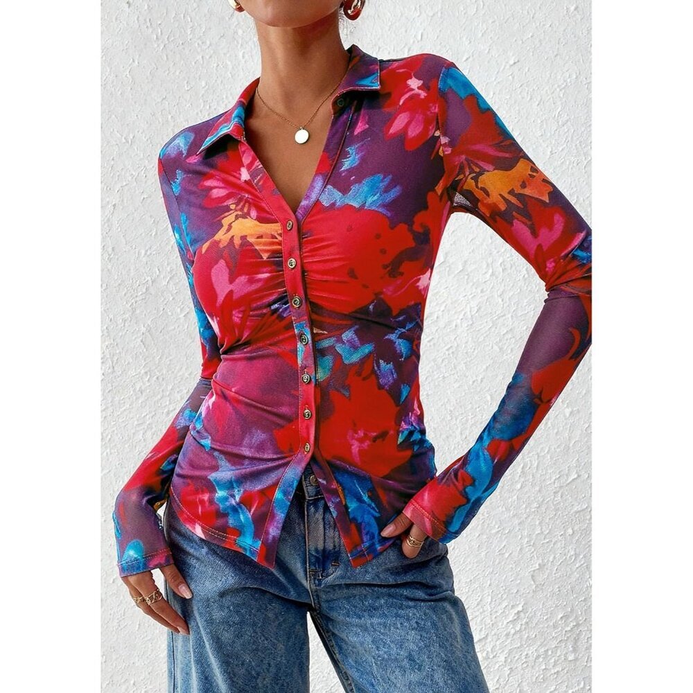 Women Navy Red Button Down Floral Shirt Trendy Long Sleeve V Neck Blouse Top - Picture 3 of 6